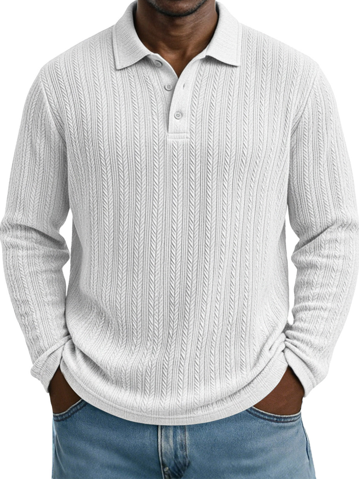 Casual Everyday Design Twist Textured Lapel Long-sleeved Polo Shirt