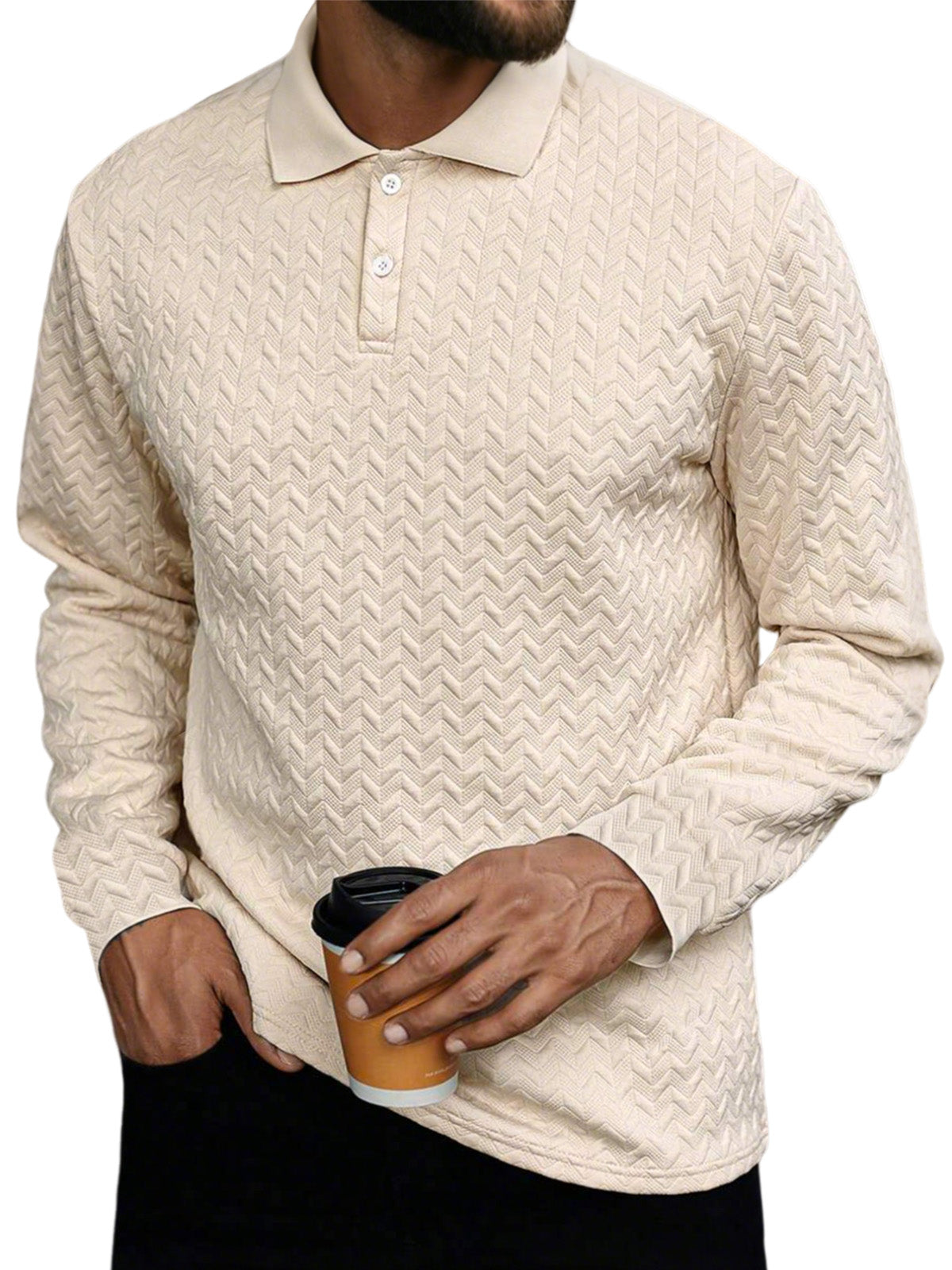 Men's Daily Casual Solid Color Textured Button Long-sleeved Polo Shirt