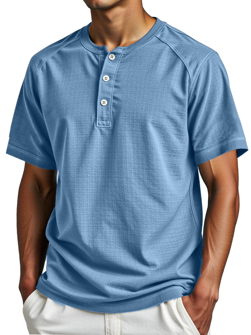 Men's Simple Everyday Solid Color Raglan Short-sleeved Henley Shirt