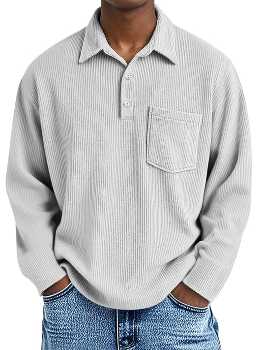 Men's Simple Solid Color Vertical Pit Long Sleeve Polo Shirt With Pocket