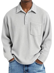 Men's Simple Solid Color Vertical Pit Long Sleeve Polo Shirt With Pocket
