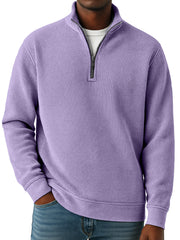Men's Simple Solid Color Waffle Quarter-zip Long Sleeve Polo Shirt