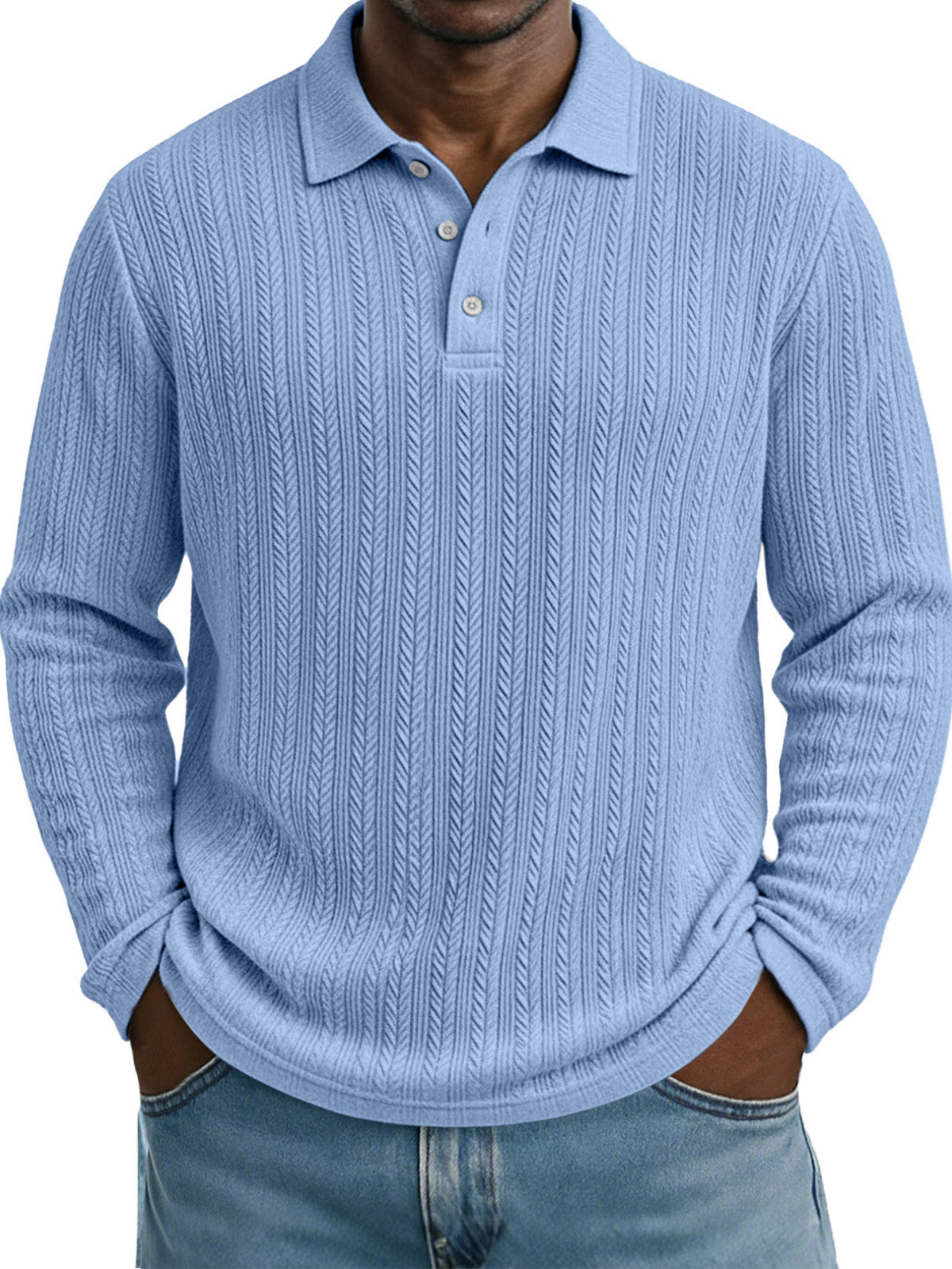 Casual Everyday Design Twist Textured Lapel Long-sleeved Polo Shirt