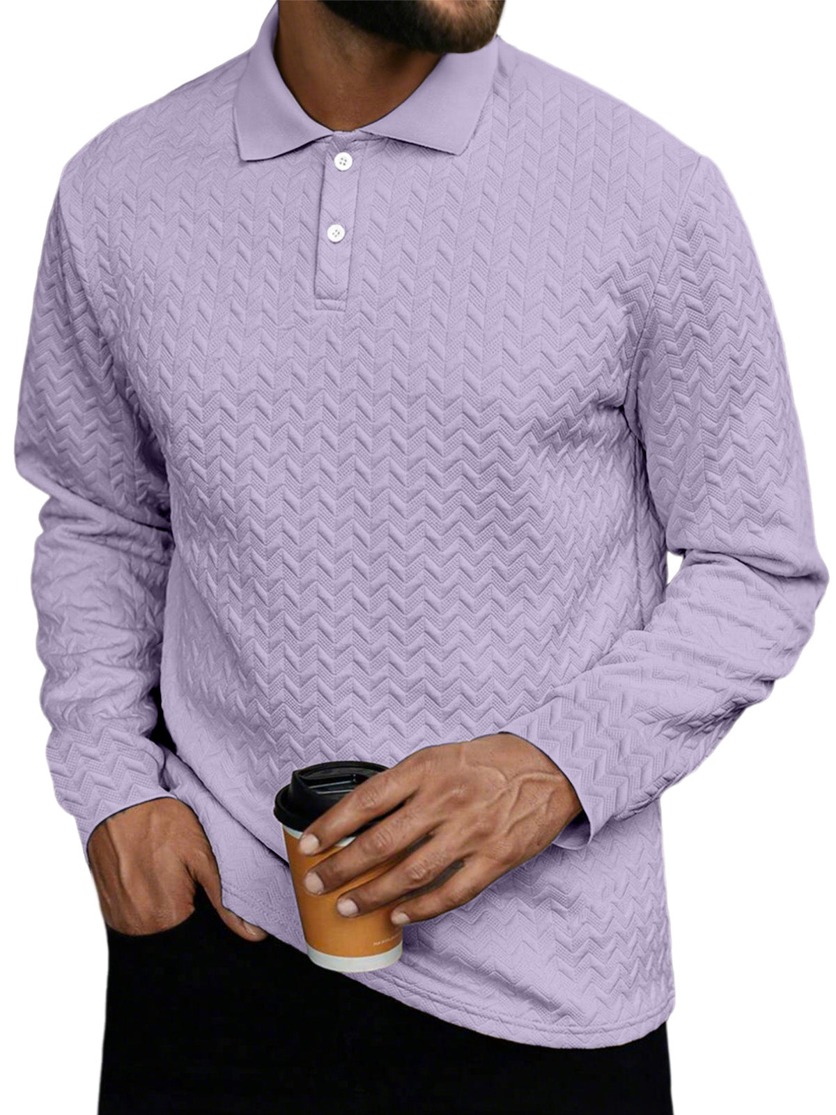 Men's Daily Casual Solid Color Textured Button Long-sleeved Polo Shirt
