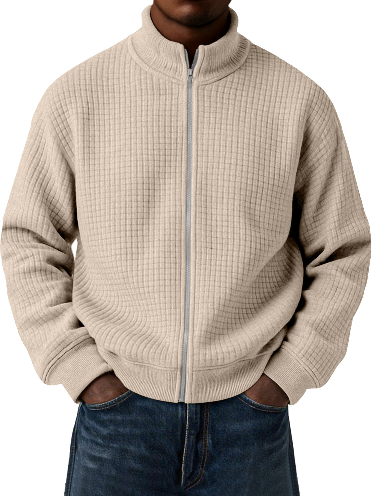 Men's Casual Small Square Jacquard Stand Collar Zipper Long Sleeve Jacket