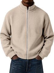 Men's Casual Small Square Jacquard Stand Collar Zipper Long Sleeve Jacket