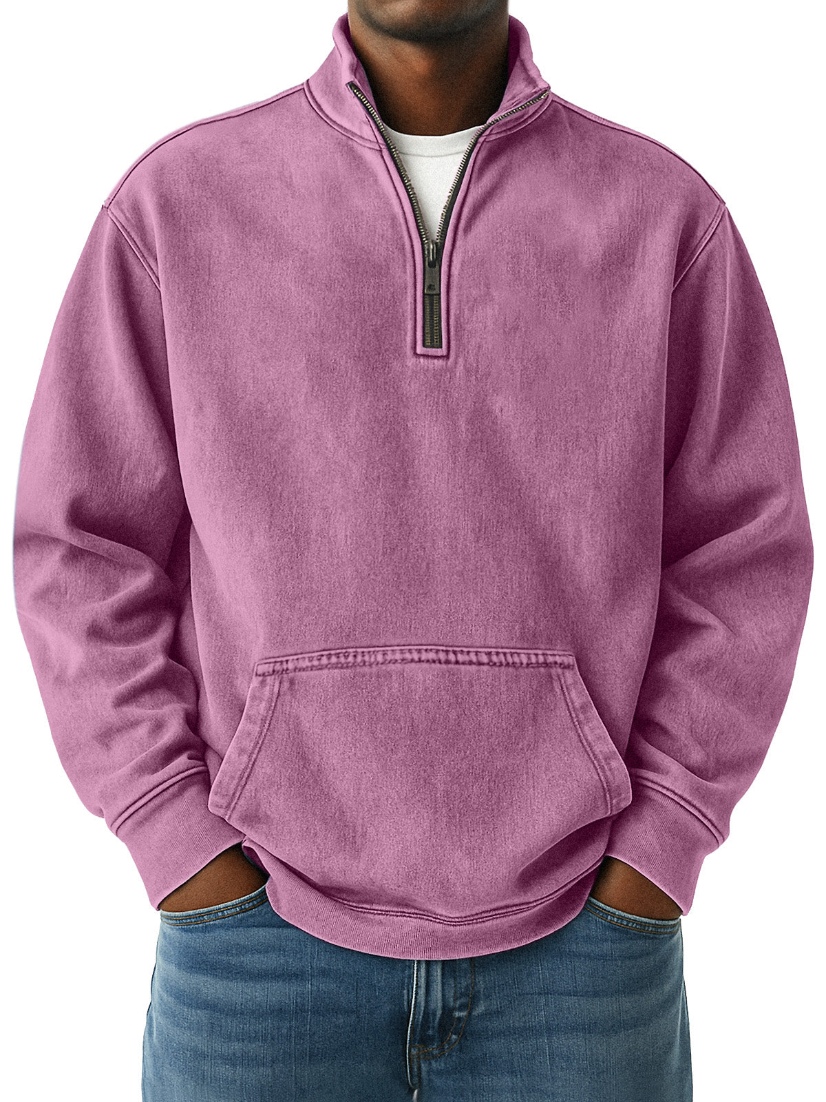 Men's Simple Retro Loose Pocket Quarter Stand Collar Zipper Sweatshirt