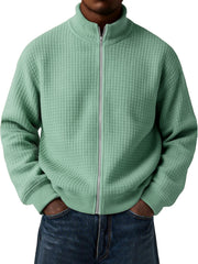 Men's Casual Small Square Jacquard Stand Collar Zipper Long Sleeve Jacket