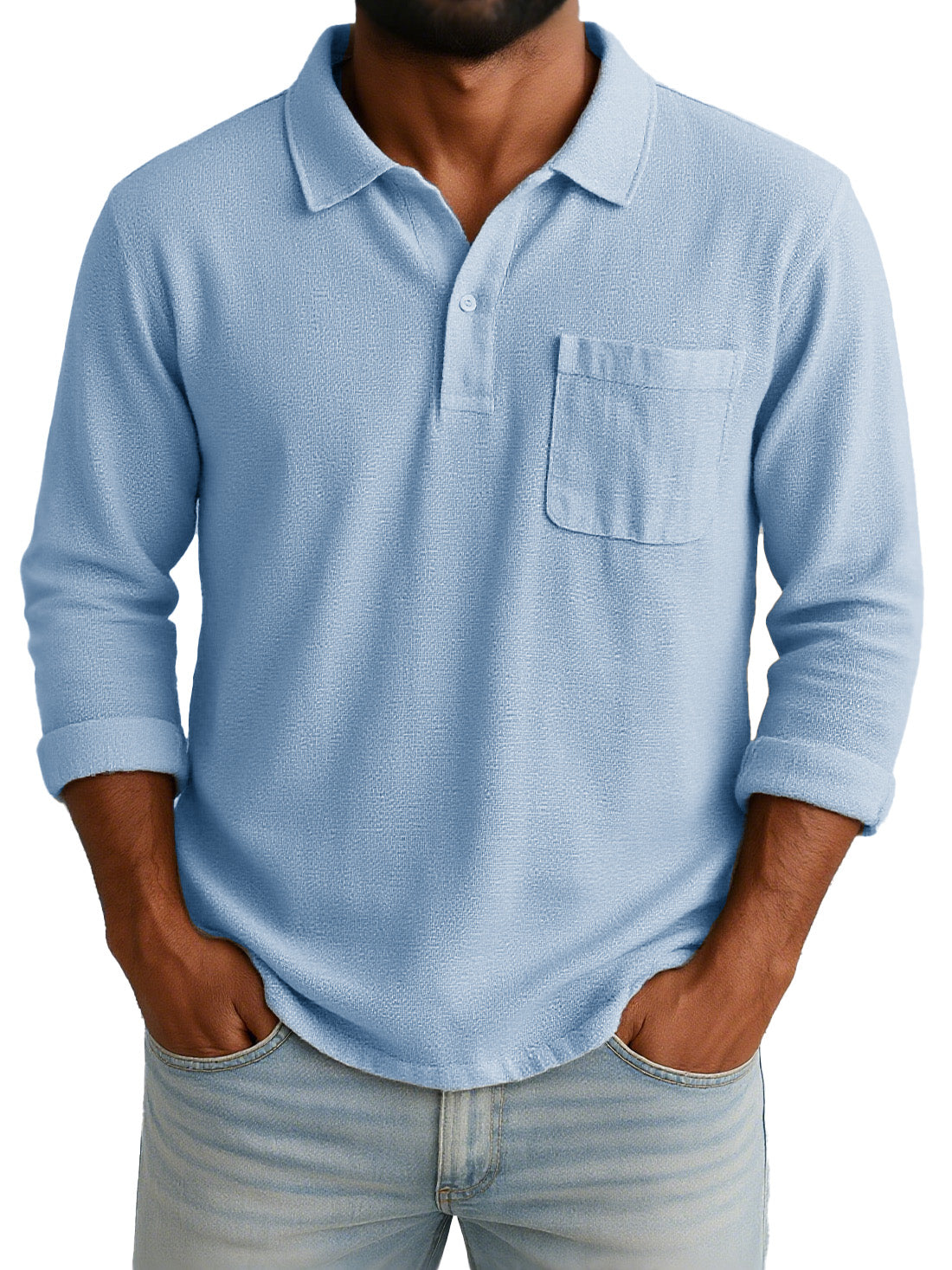 Men's Retro-chic Ramie Fabric Long-sleeved Polo Shirt With Loose-fitting Drawstring Waist And Embroidered Logo 