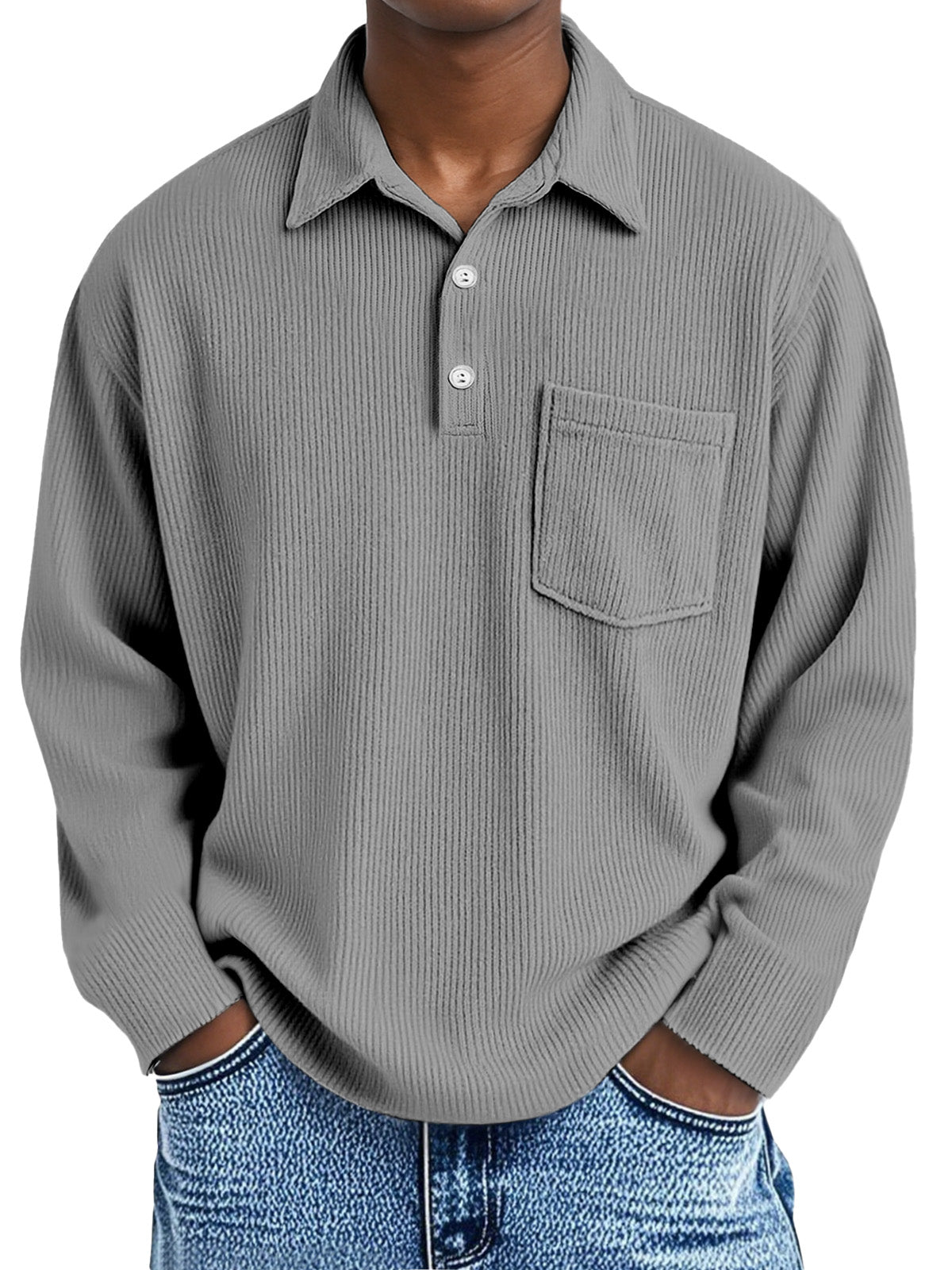 Men's Simple Solid Color Vertical Pit Long Sleeve Polo Shirt With Pocket