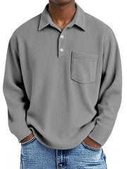 Men's Simple Solid Color Vertical Pit Long Sleeve Polo Shirt With Pocket