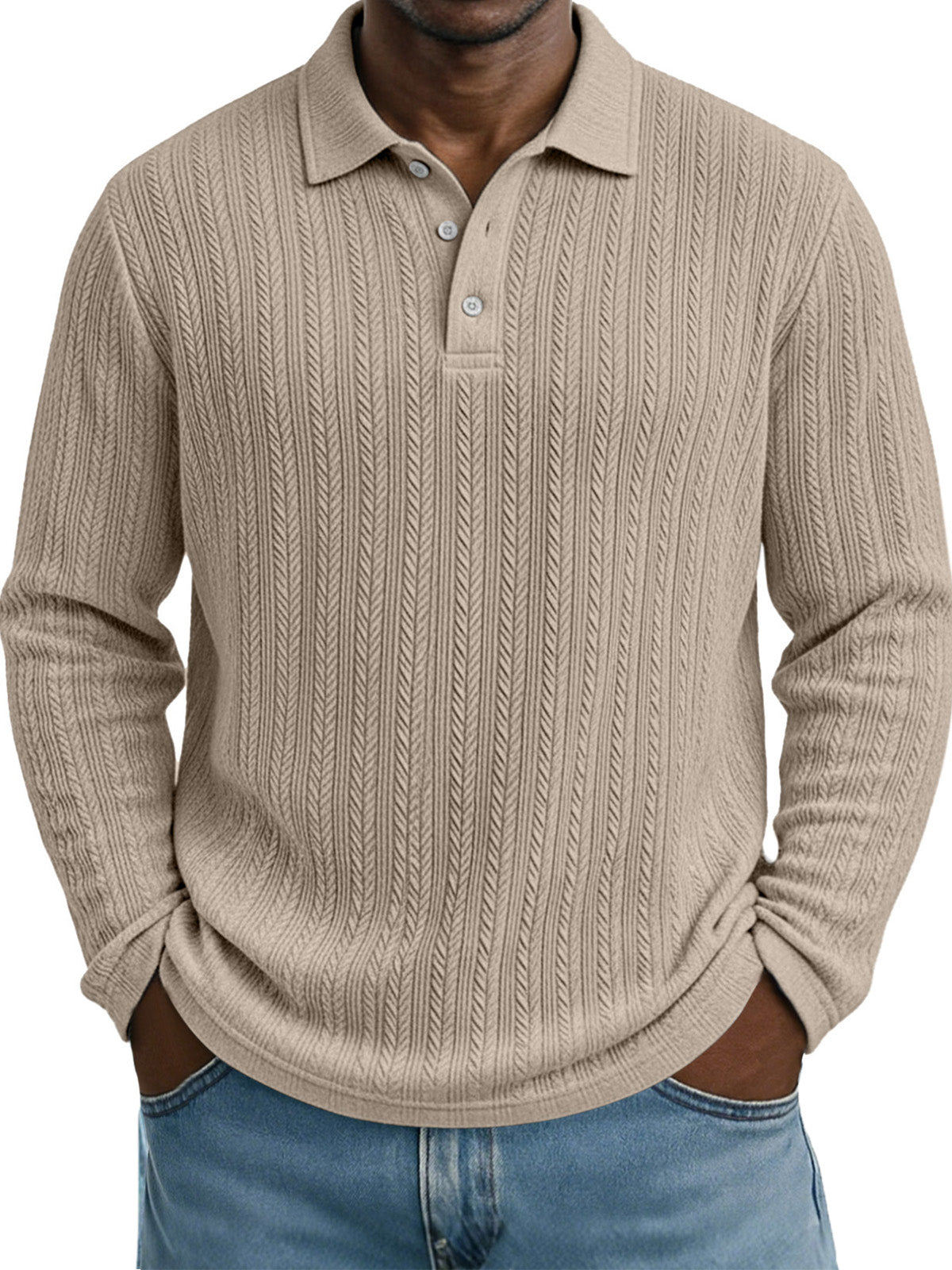 Casual Everyday Design Twist Textured Lapel Long-sleeved Polo Shirt