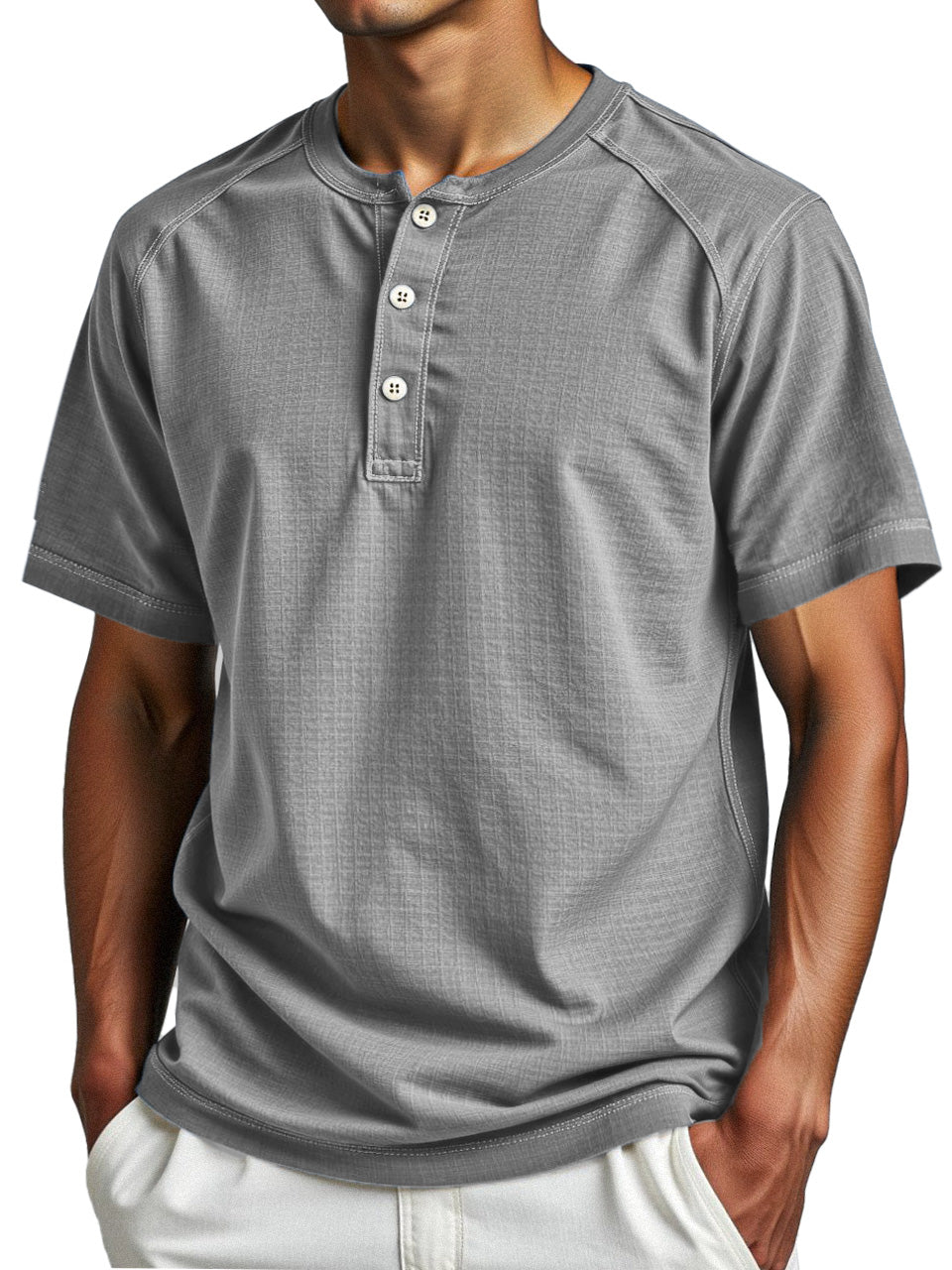 Men's Simple Everyday Solid Color Raglan Short-sleeved Henley Shirt