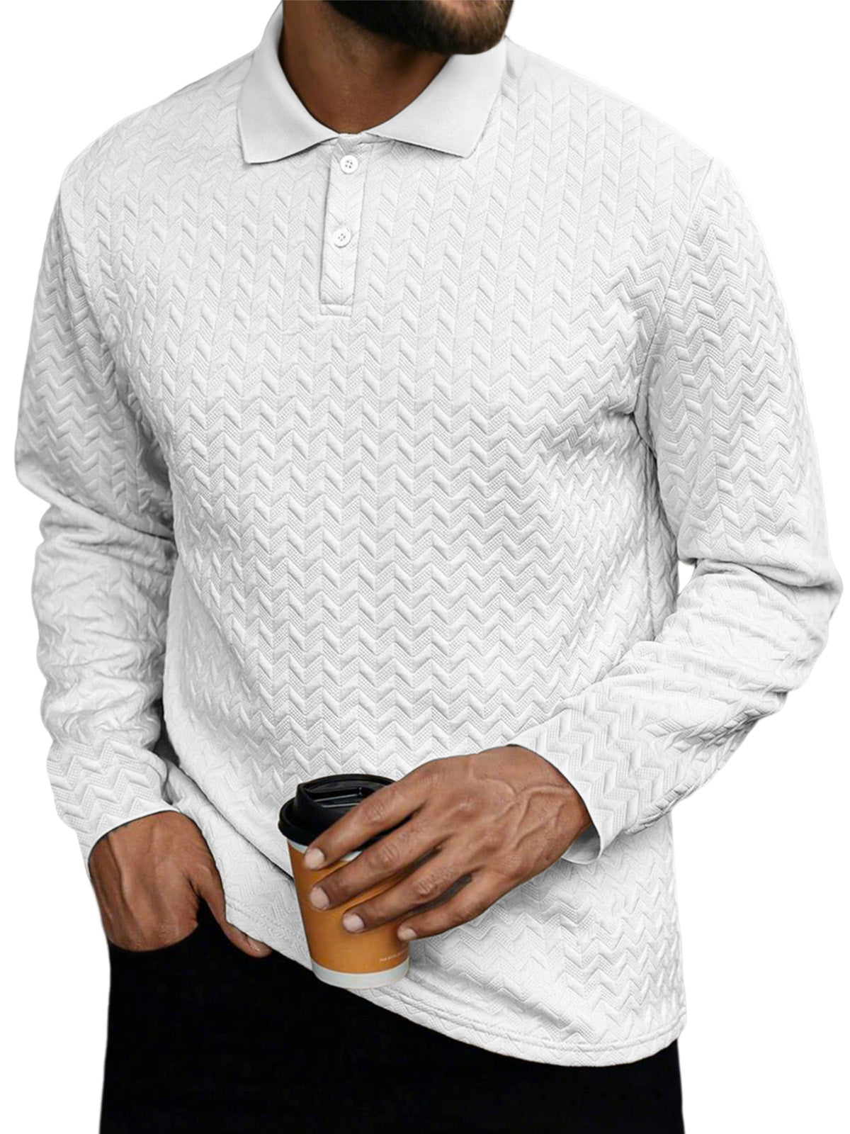 Men's Daily Casual Solid Color Textured Button Long-sleeved Polo Shirt
