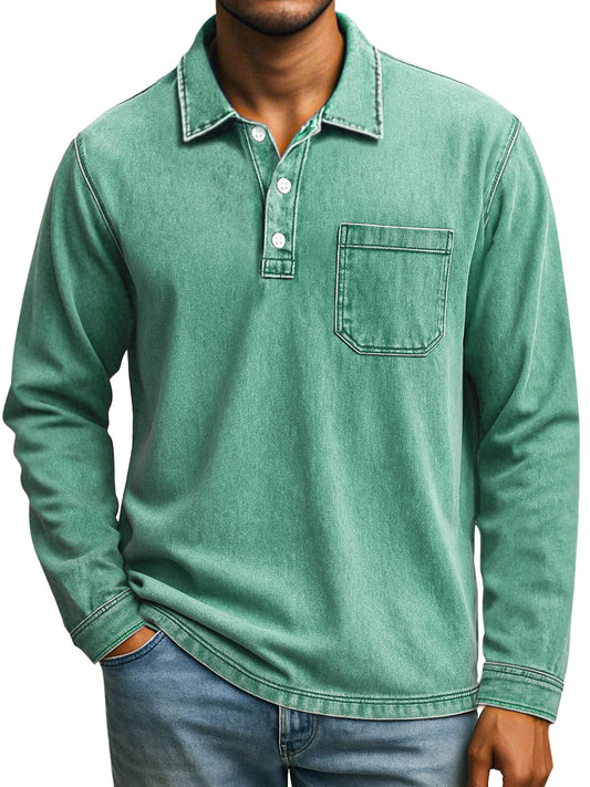Men's Retro Casual Daily Solid Color Long Sleeve Lapel Polo Shirt