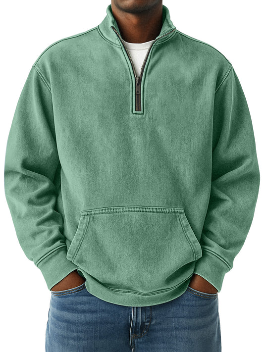 Men's Simple Retro Loose Pocket Quarter Stand Collar Zipper Sweatshirt