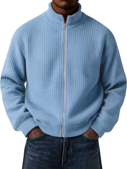Men's Casual Small Square Jacquard Stand Collar Zipper Long Sleeve Jacket