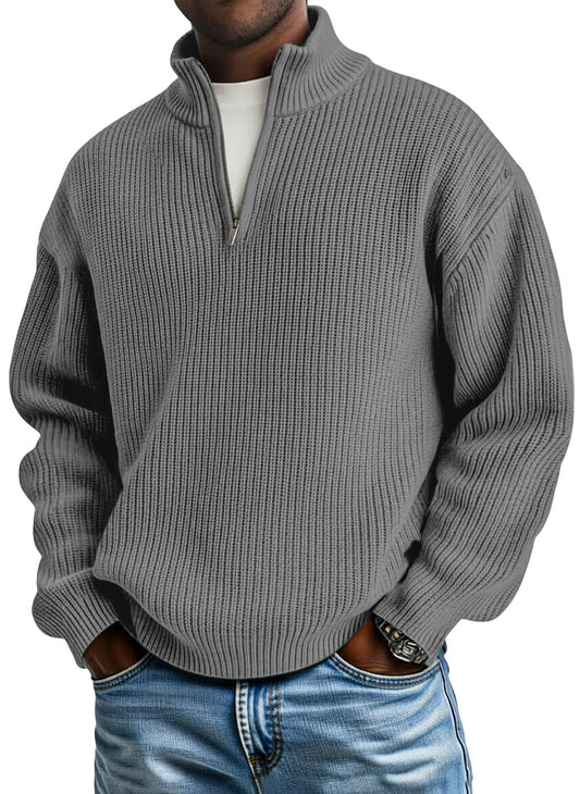Men's casual plain knitted loose zip-up stand-up collar pullover sweater