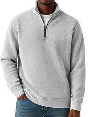 Men's Simple Solid Color Waffle Quarter-zip Long Sleeve Polo Shirt