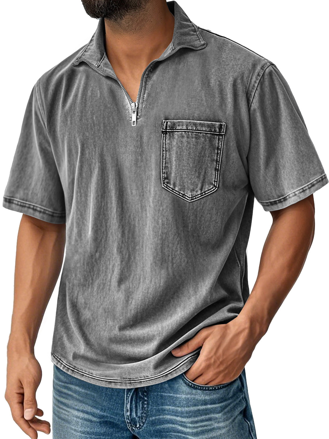 Men's Retro Stand Collar Zipper Casual Pocket Comfortable Short Sleeve T-shirt