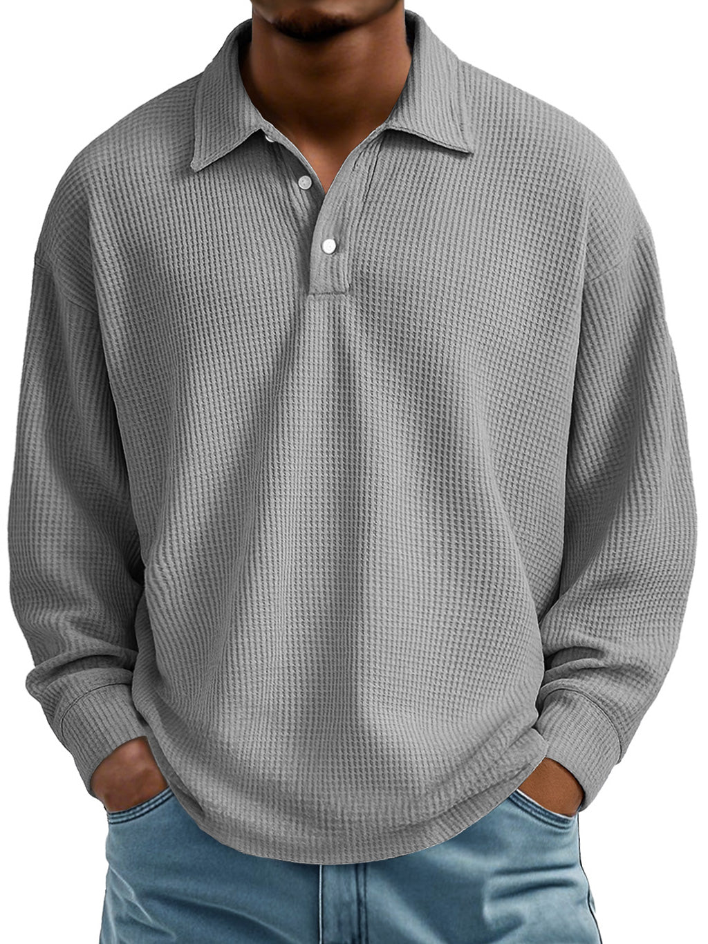 Men's Waffle Casual Lapel Button-down Long-sleeved Polo Shirt