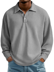 Men's Waffle Casual Lapel Button-down Long-sleeved Polo Shirt
