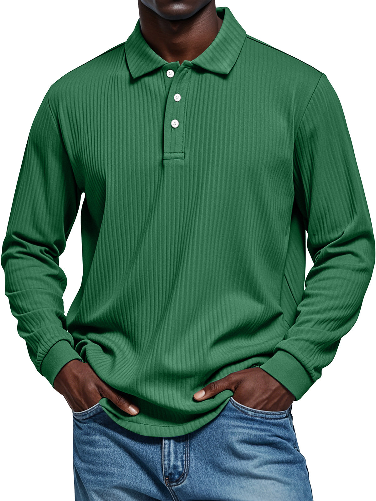 Men's Pit Texture Casual Button Solid Color Long-sleeved Polo Shirt