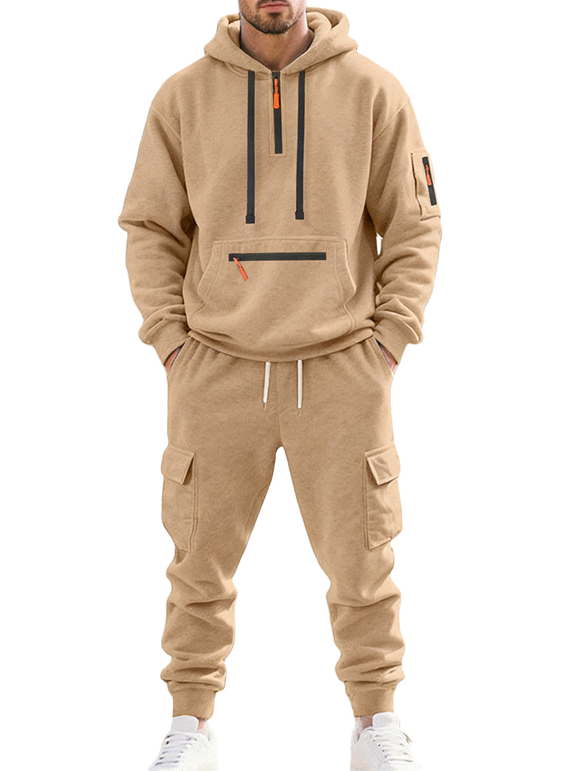 Men's Autumn and Winter Fleece Casual Zipper Sweatshirt Multi-Pocket Overalls Set