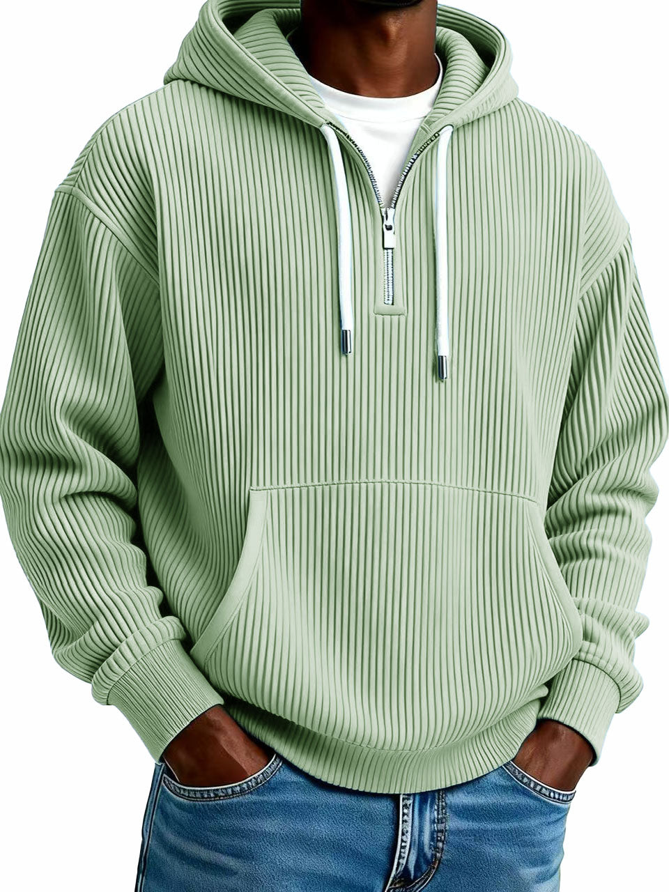 Men's Stylish Casual Ribbed Fabric Half-zip Pocket Hooded Sweatshirt