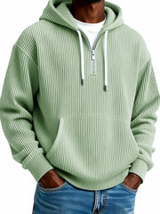Men's Stylish Casual Ribbed Fabric Half-zip Pocket Hooded Sweatshirt