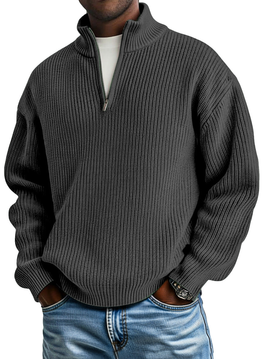 Men's casual plain knitted loose zip-up stand-up collar pullover sweater