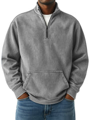 Men's Simple Retro Loose Pocket Quarter Stand Collar Zipper Sweatshirt