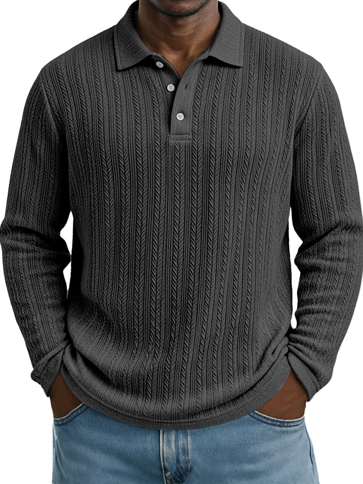 Casual Everyday Design Twist Textured Lapel Long-sleeved Polo Shirt