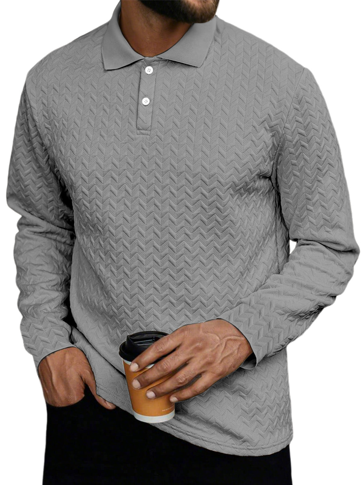 Men's Daily Casual Solid Color Textured Button Long-sleeved Polo Shirt