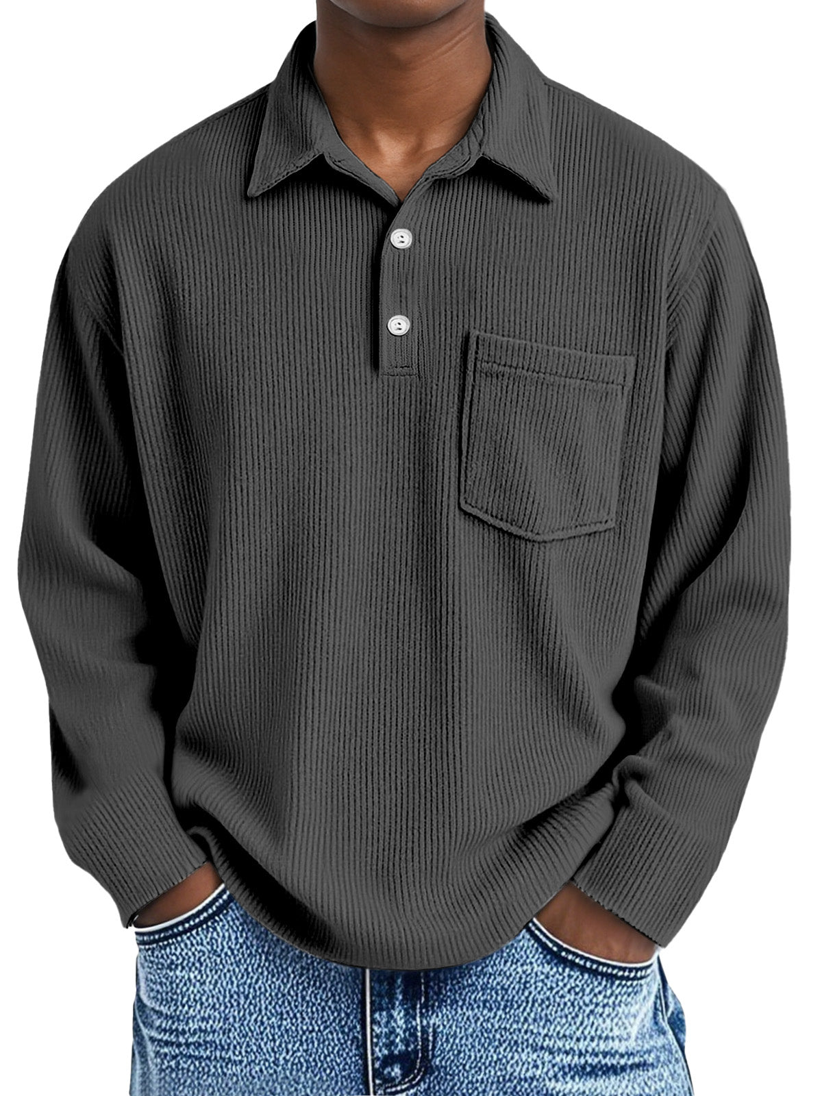 Men's Simple Solid Color Vertical Pit Long Sleeve Polo Shirt With Pocket