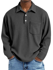 Men's Simple Solid Color Vertical Pit Long Sleeve Polo Shirt With Pocket