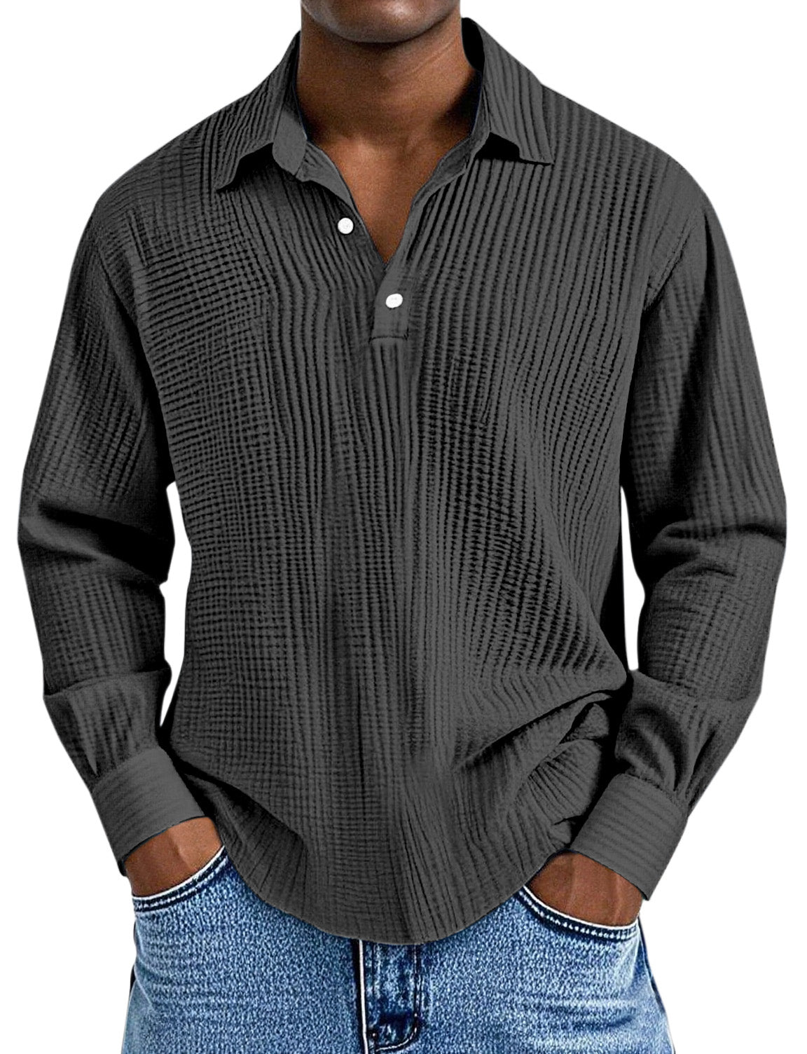 Men's Simple Solid Color Pleated Texture Long-sleeved Lapel Polo Shirt