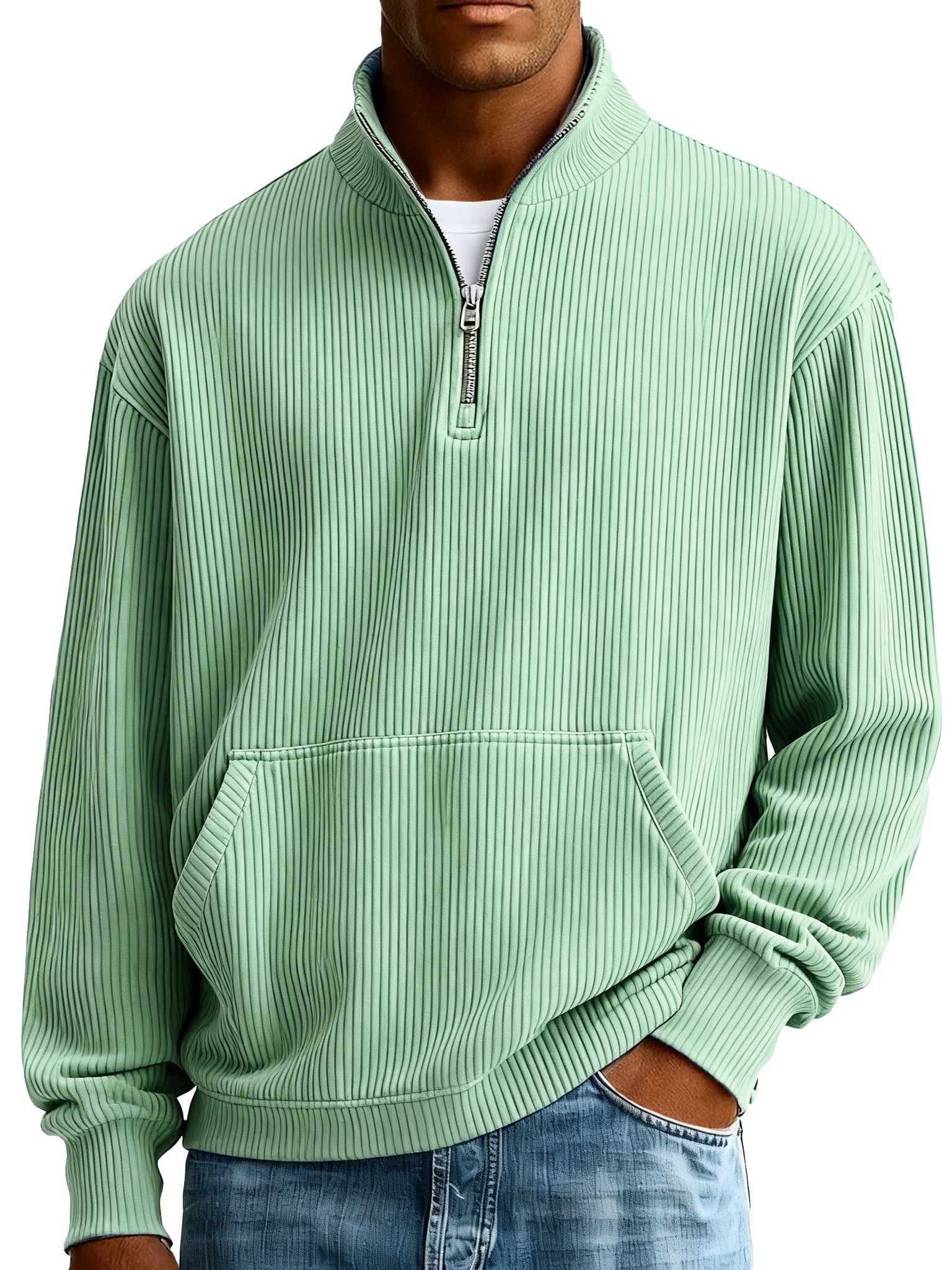  Men's Fashionable Casual Ribbed Fabric Stand-up Collar Half-zip Long-sleeved Sweatshirt