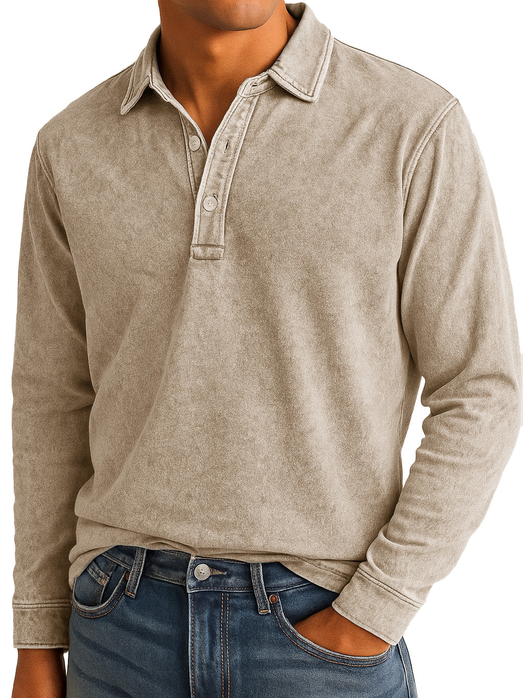 Men's Stylish Vintage Washed And Distressed Lapel Long-sleeved Polo Shirt 