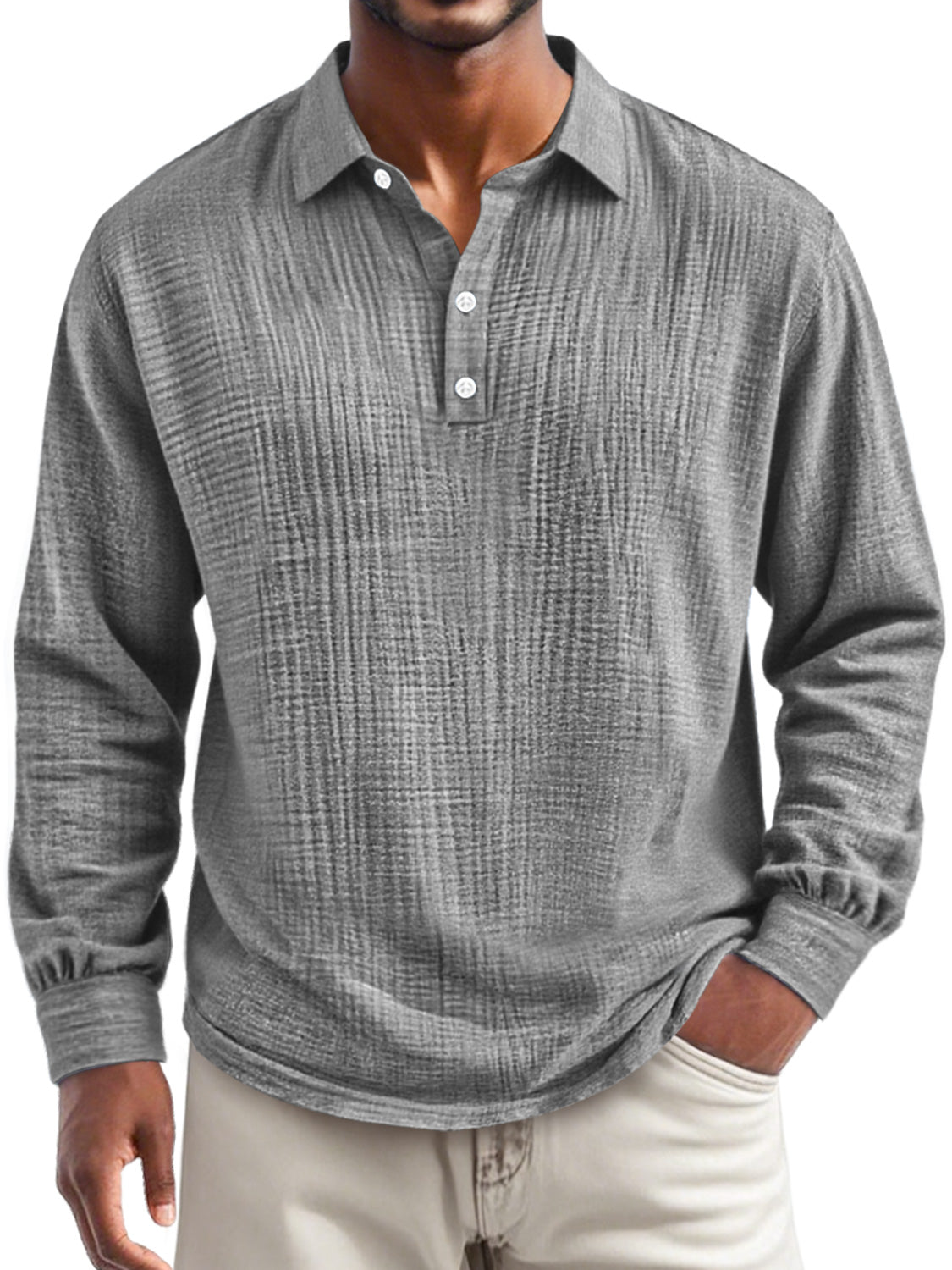 Men's Everyday Pleated Lapel Button-down Casual Long-sleeved Polo Shirt