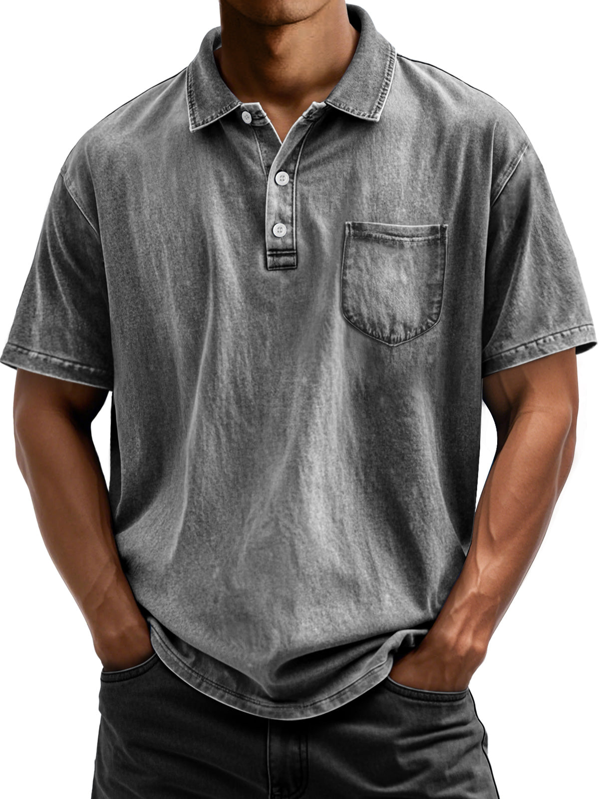 Men's Vintage Cotton Washed Distressed Lapel Pocket Short Sleeve POLO Shirt