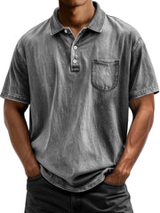 Men's Vintage Cotton Washed Distressed Lapel Pocket Short Sleeve POLO Shirt