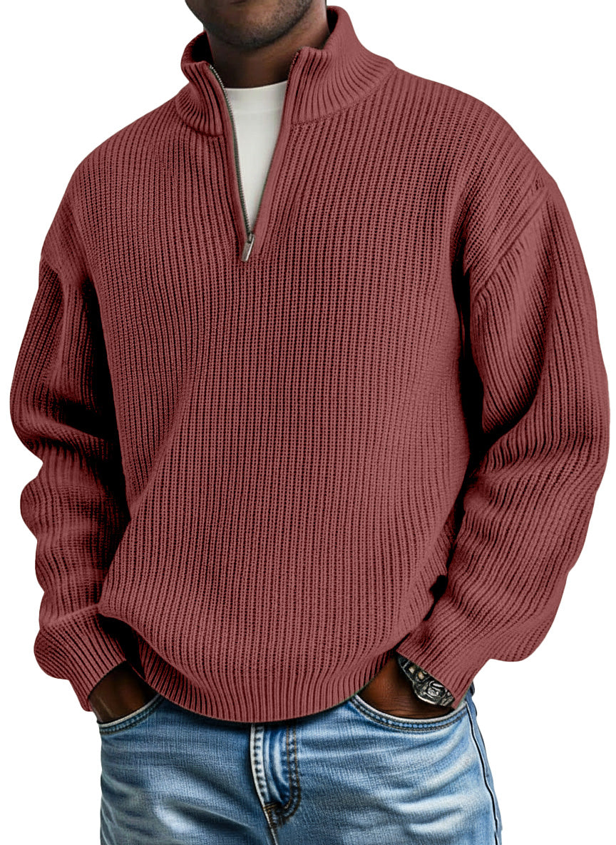 Men's casual plain knitted loose zip-up stand-up collar pullover sweater