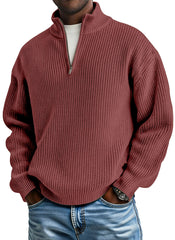 Men's casual plain knitted loose zip-up stand-up collar pullover sweater