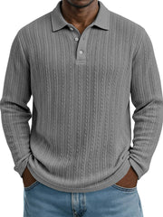 Casual Everyday Design Twist Textured Lapel Long-sleeved Polo Shirt