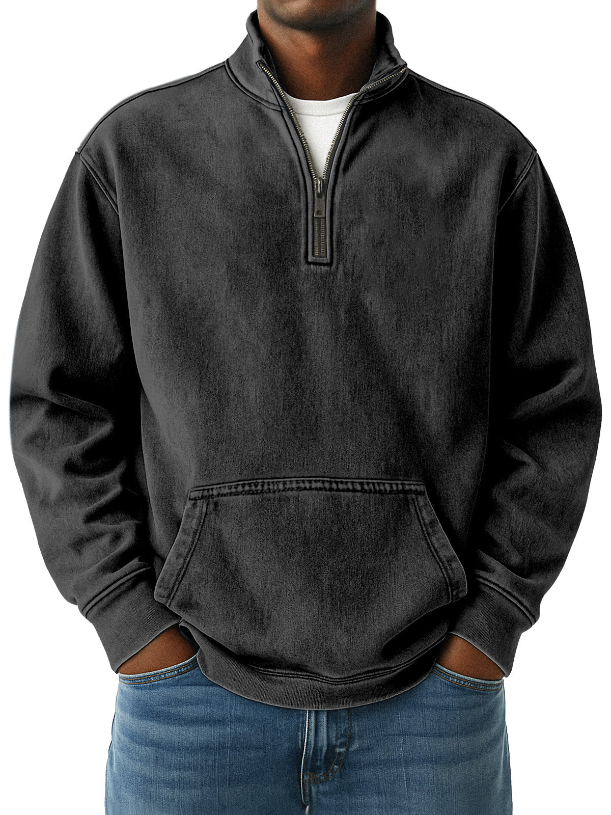 Men's Simple Retro Loose Pocket Quarter Stand Collar Zipper Sweatshirt