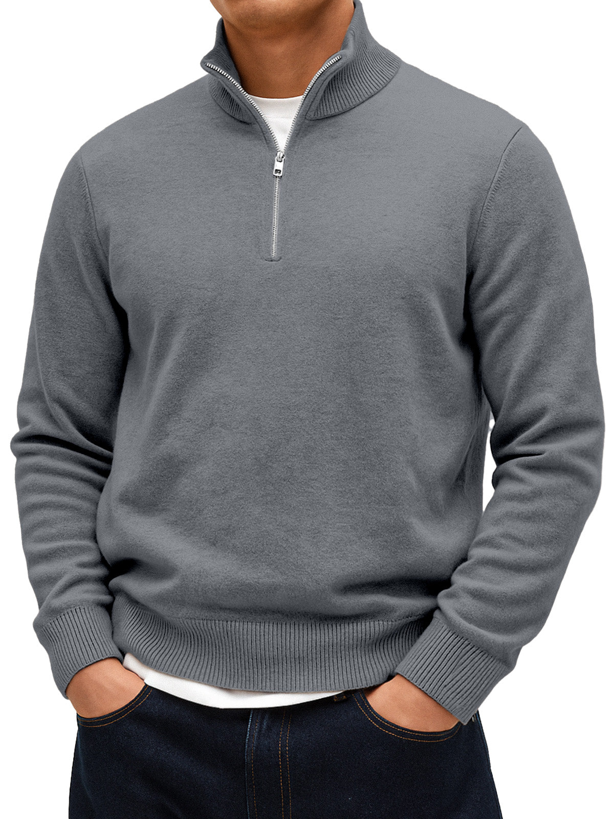 Men's Solid Color Comfortable Stand Collar Zipper Warm Sweater