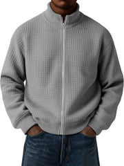 Men's Casual Small Square Jacquard Stand Collar Zipper Long Sleeve Jacket
