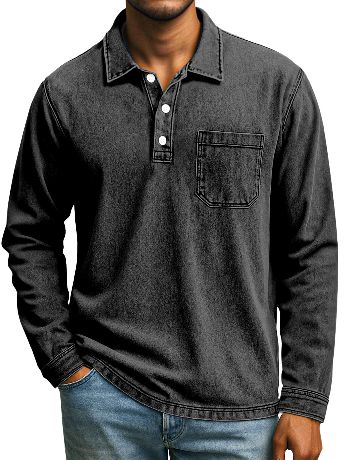 Men's Retro Casual Daily Solid Color Long Sleeve Lapel Polo Shirt