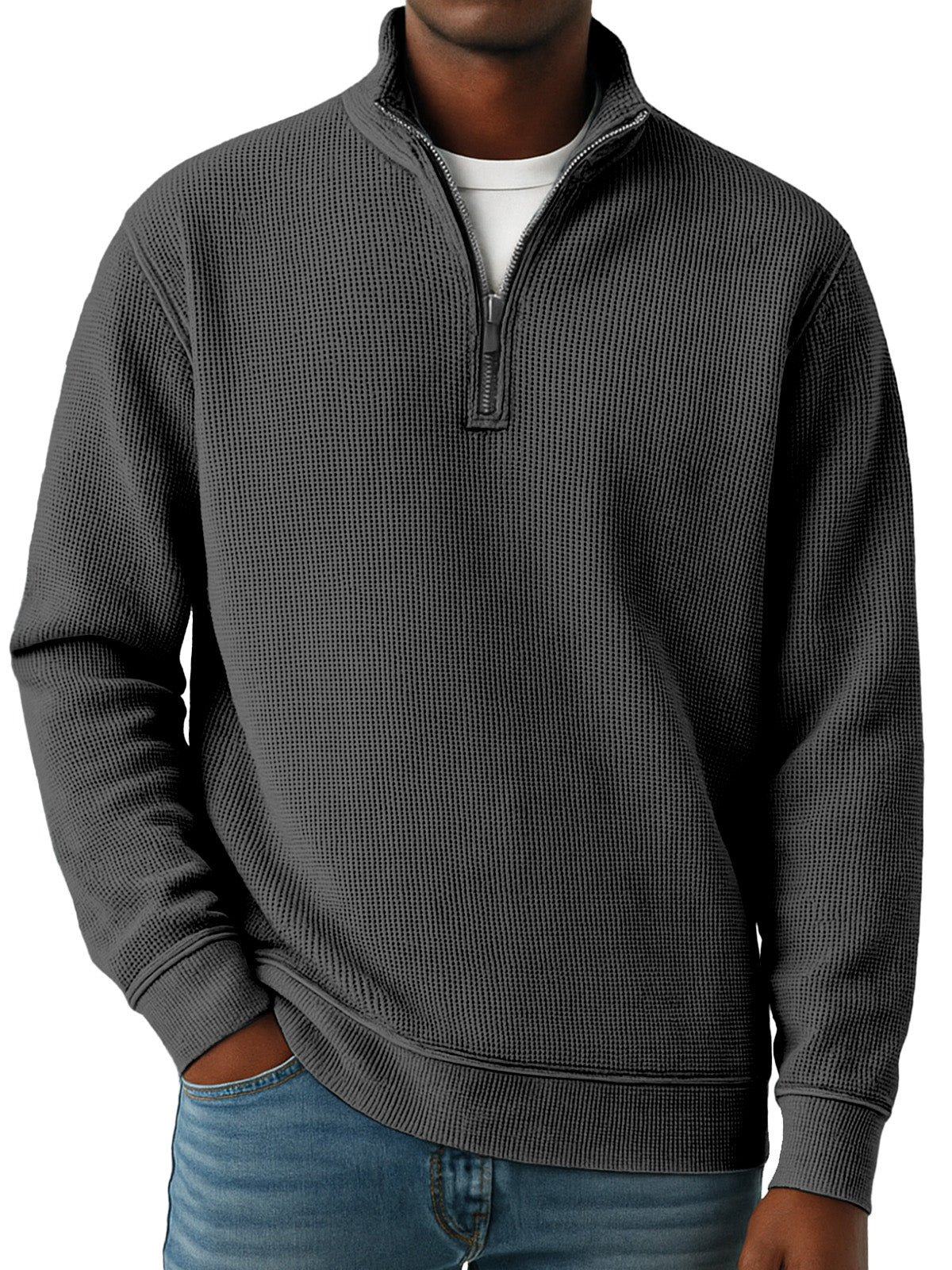 Men's Simple Solid Color Waffle Quarter-zip Long Sleeve Polo Shirt